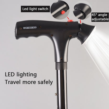 Adjustable Walking Stick Cane With LED Flashlight SOS Alarm Button For Senior Travel Hiking Trekking Pole Folding Crutch Handle Strap 5 Gears