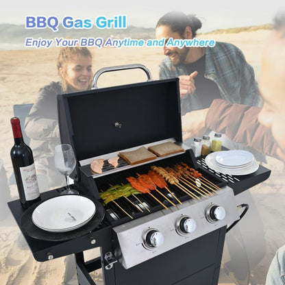 Propane Gas Three-burner Stainless Steel Grill With Double Shelves, Lid, Wheels And Bottle Opener