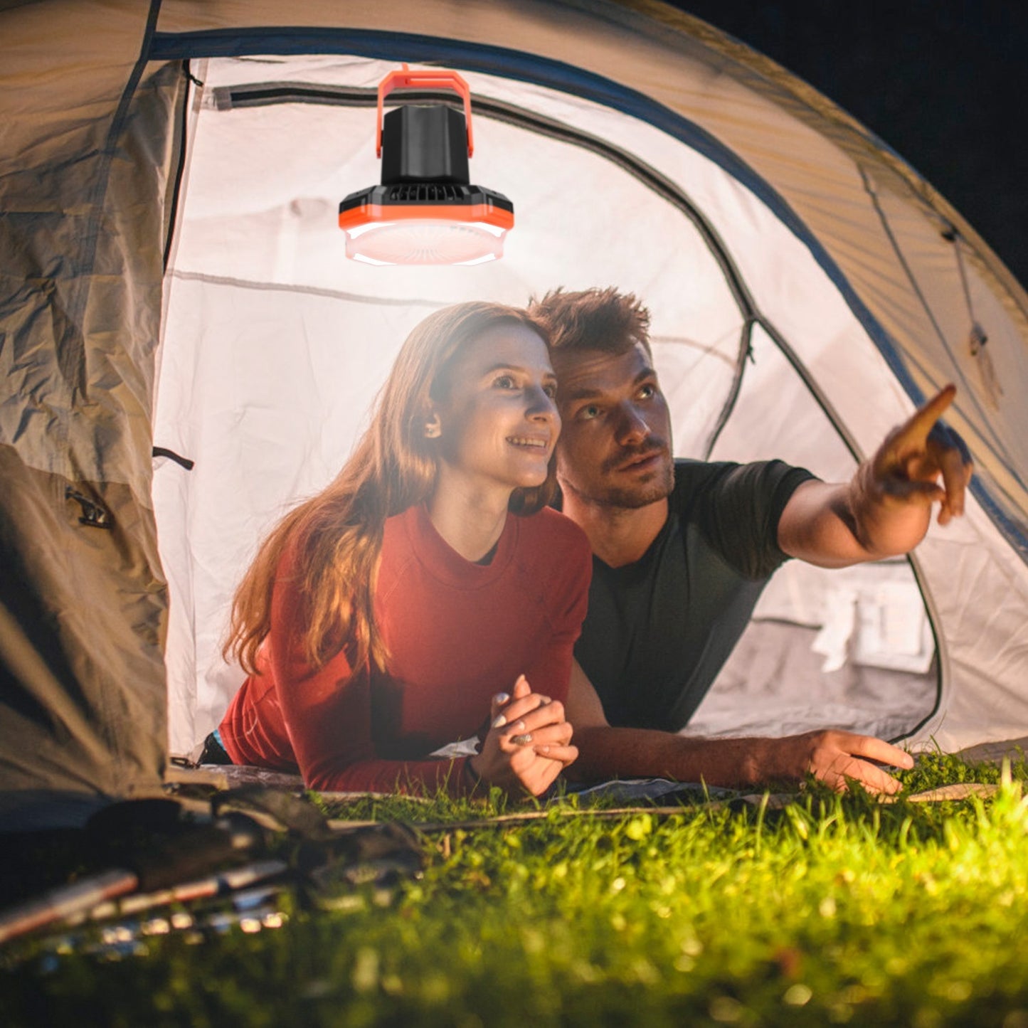 Portable Camping Lantern Fan Battery Powered Hanging Fan USB Rechargeable Tent Fan With 4 Light Modes 3 Wind Modes Emergency Power Bank Remote Control Hanging Hook