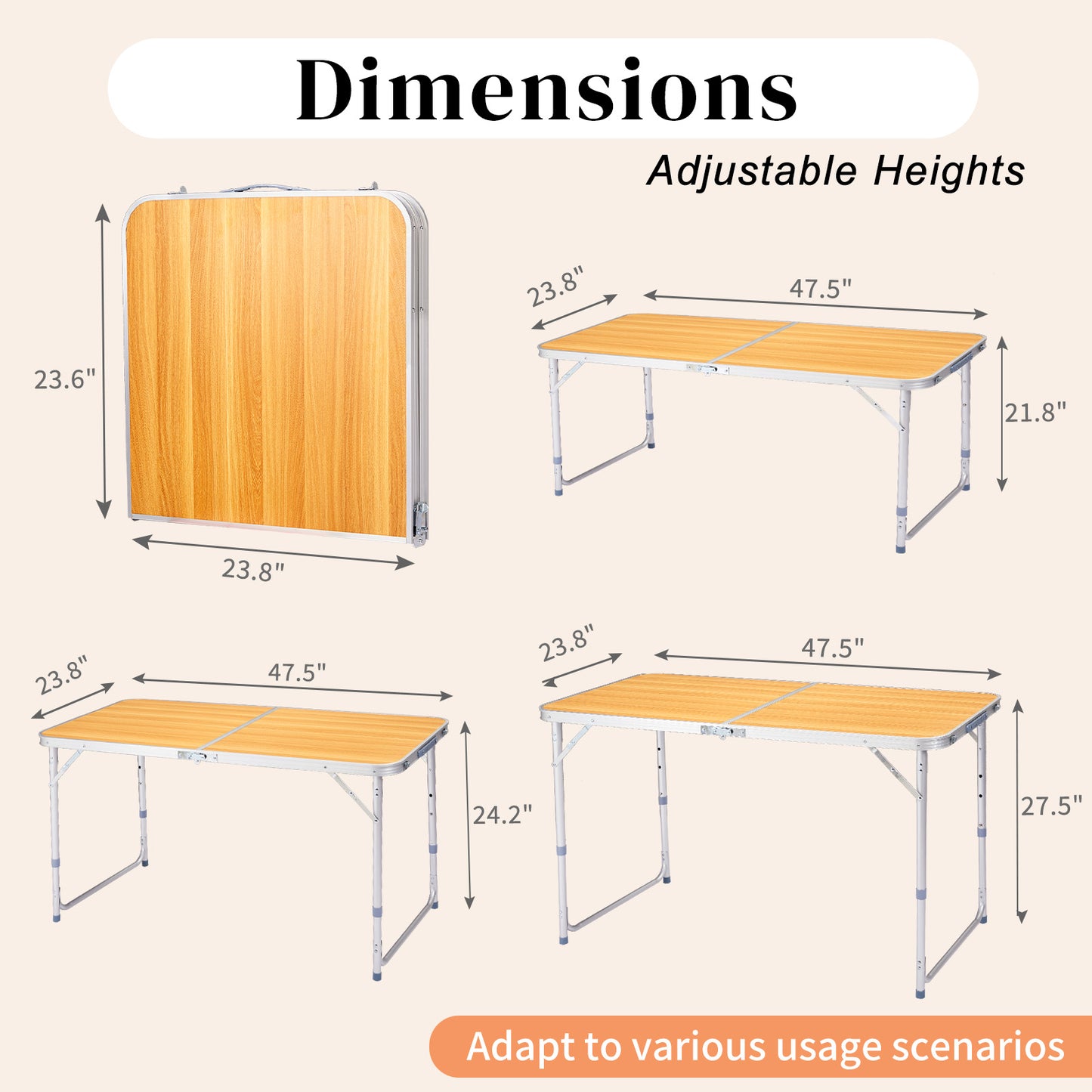4ft Wood Grain Outdoor Folding Table Aluminum Alloy Rectangular 50kg Two Fold Tabletop